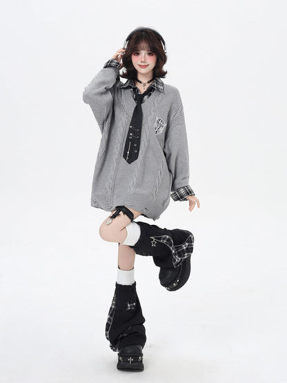 Crazy Girl American Vintage Plaid Faux Layered V-neck Cardigan Women&