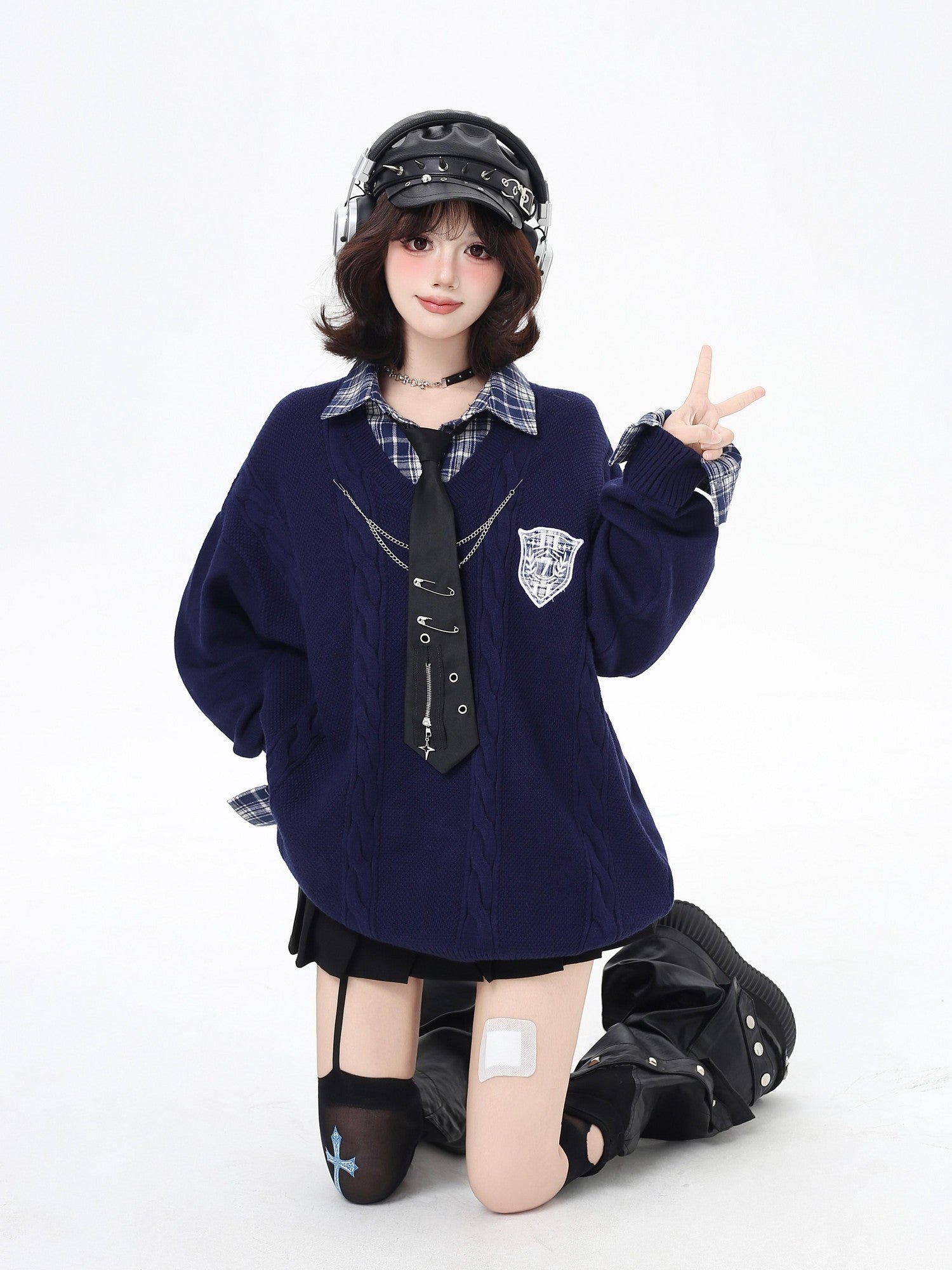 Crazy Girl American Vintage Plaid Faux Layered V-neck Cardigan Women&