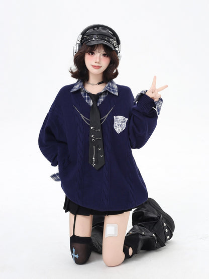 Crazy Girl American Vintage Plaid Faux Layered V-neck Cardigan Women&