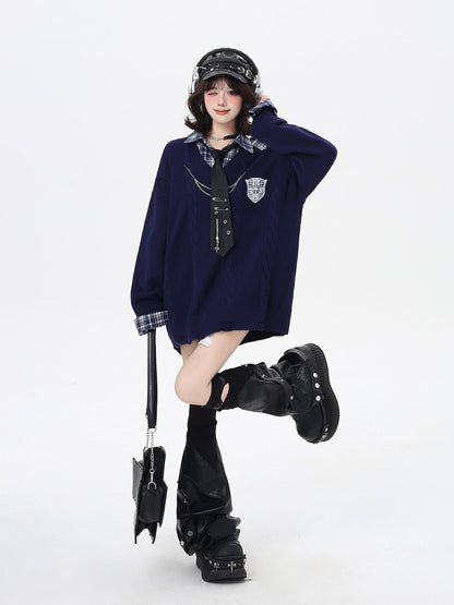 Crazy Girl American Vintage Plaid Faux Layered V-neck Cardigan Women&
