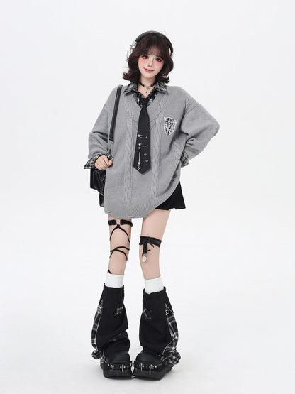 Crazy Girl American Vintage Plaid Faux Layered V-neck Cardigan Women&