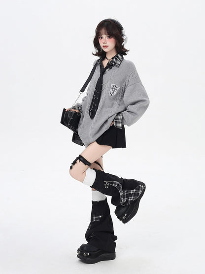 Crazy Girl American Vintage Plaid Faux Layered V-neck Cardigan Women&