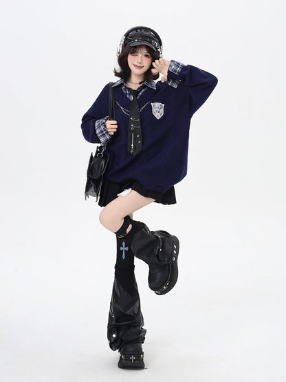 Crazy Girl American Vintage Plaid Faux Layered V-neck Cardigan Women&