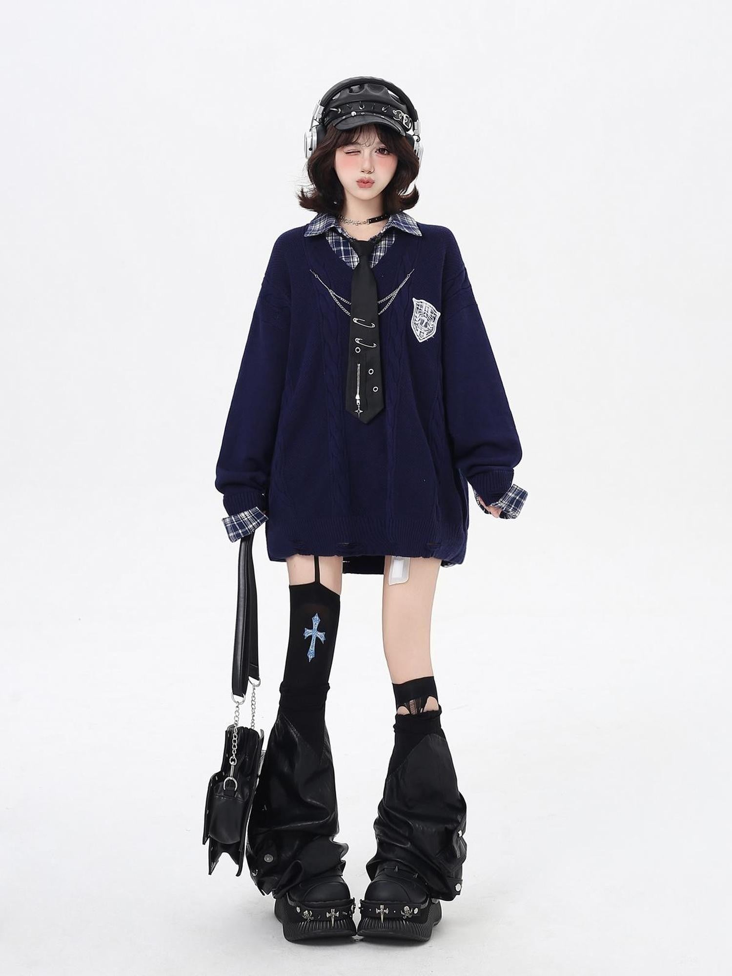 Crazy Girl American Vintage Plaid Faux Layered V-neck Cardigan Women&