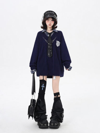 Crazy Girl American Vintage Plaid Faux Layered V-neck Cardigan Women&