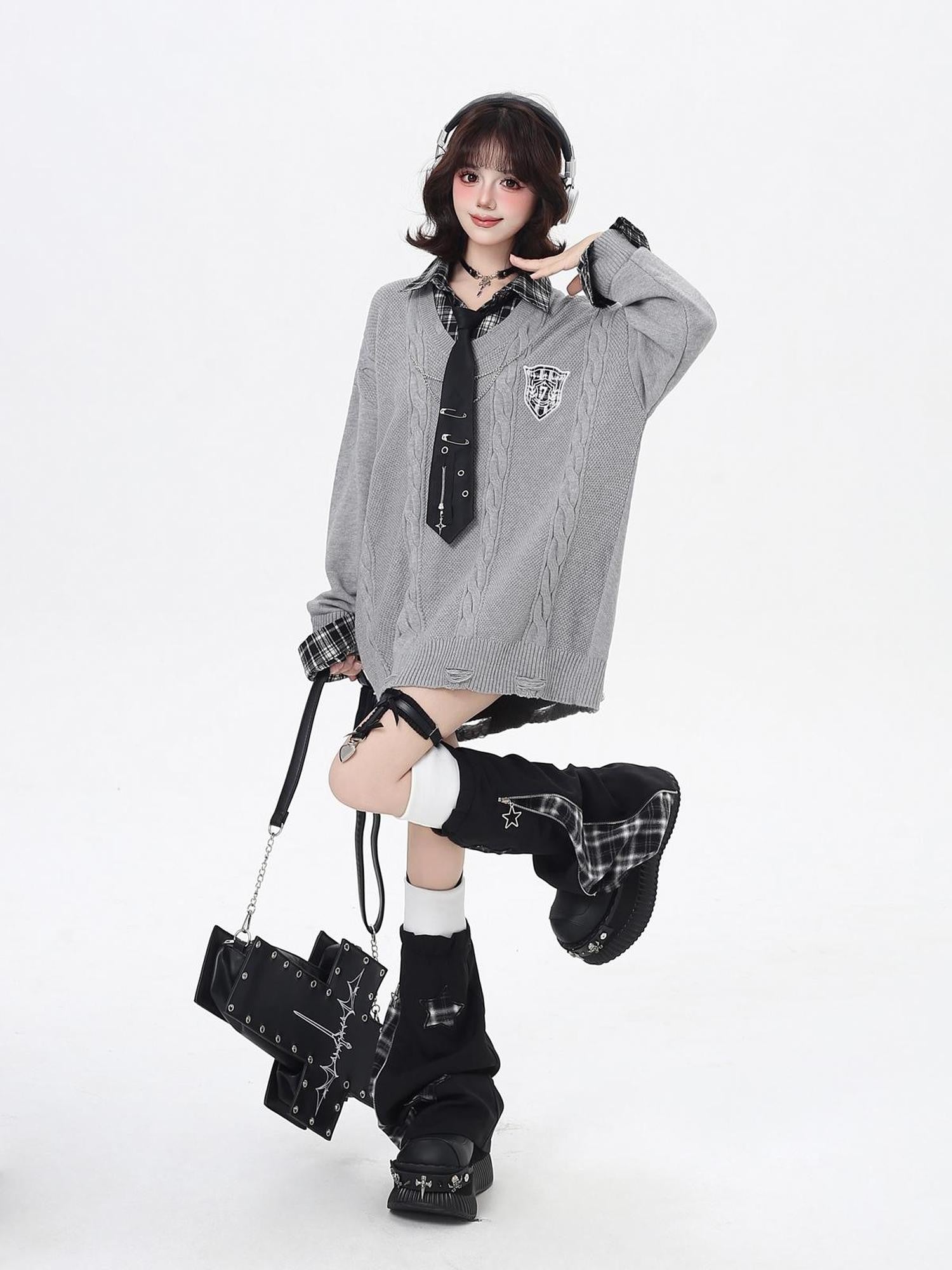 Crazy Girl American Vintage Plaid Faux Layered V-neck Cardigan Women&