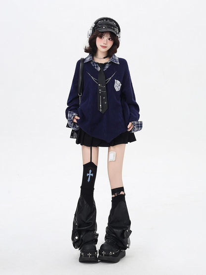 Crazy Girl American Vintage Plaid Faux Layered V-neck Cardigan Women&