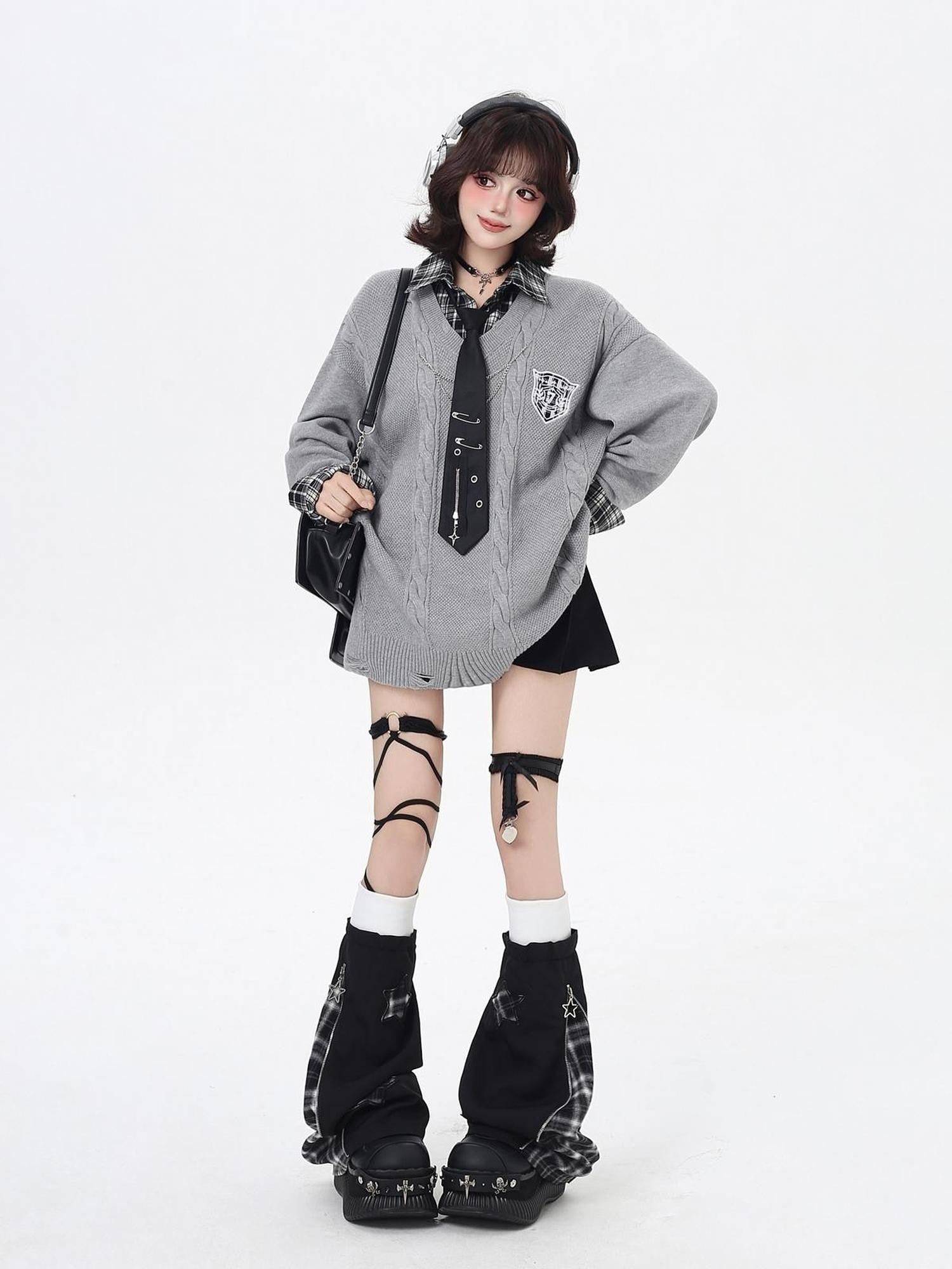 Crazy Girl American Vintage Plaid Faux Layered V-neck Cardigan Women&