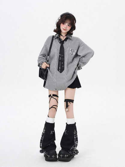 Crazy Girl American Vintage Plaid Faux Layered V-neck Cardigan Women&
