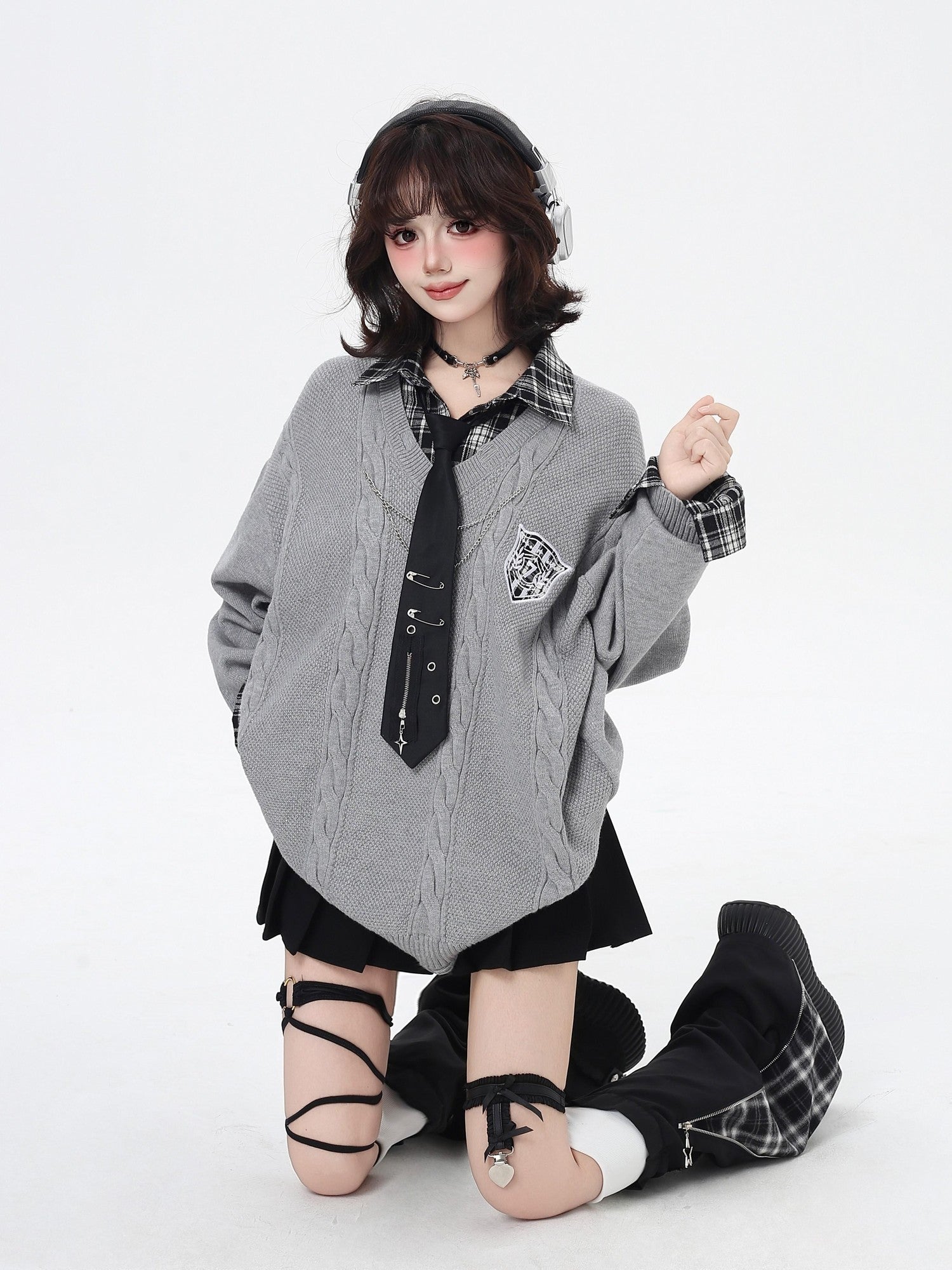 Crazy Girl American Vintage Plaid Faux Layered V-neck Cardigan Women&