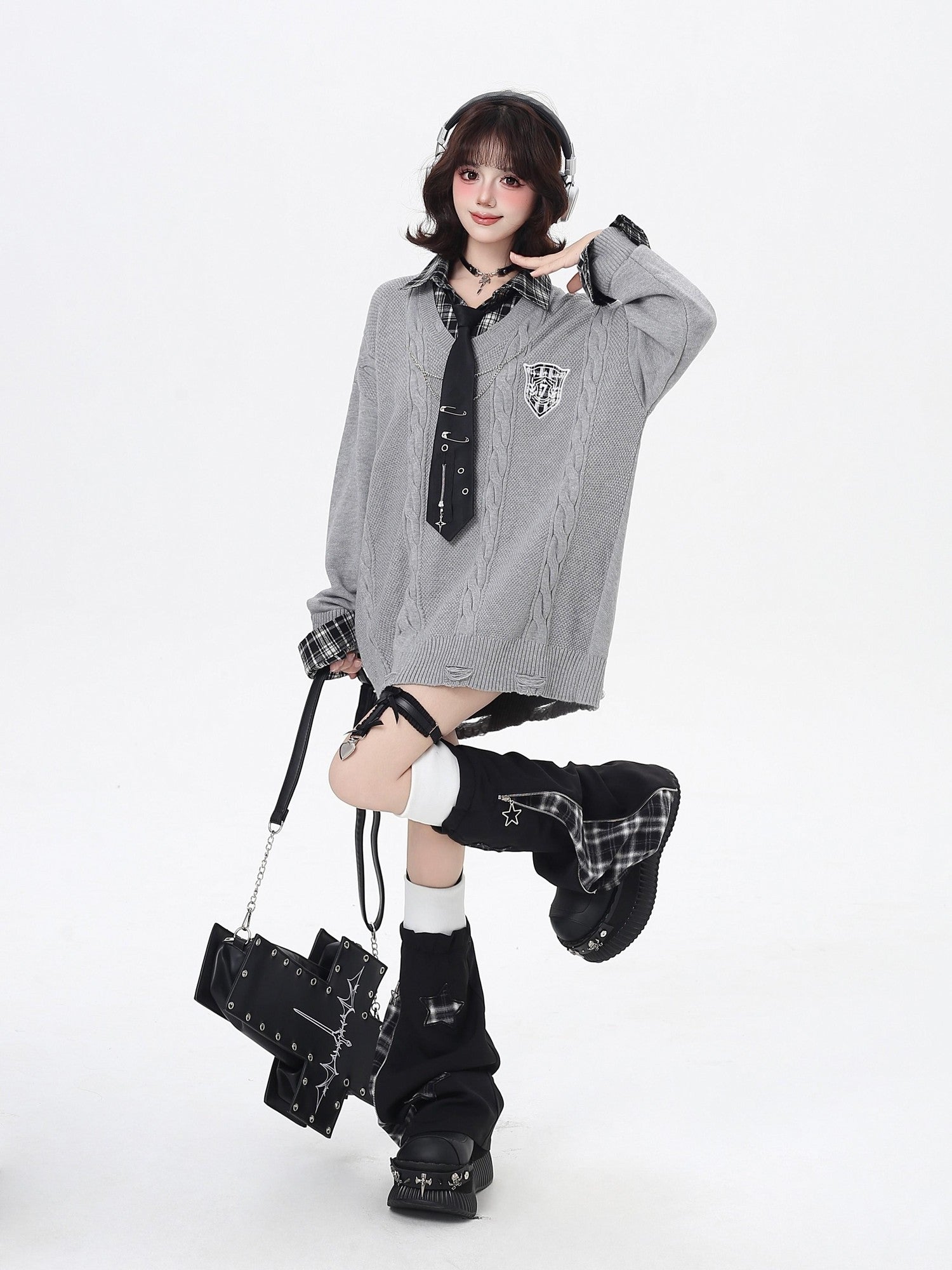 Crazy Girl American Vintage Plaid Faux Layered V-neck Cardigan Women&