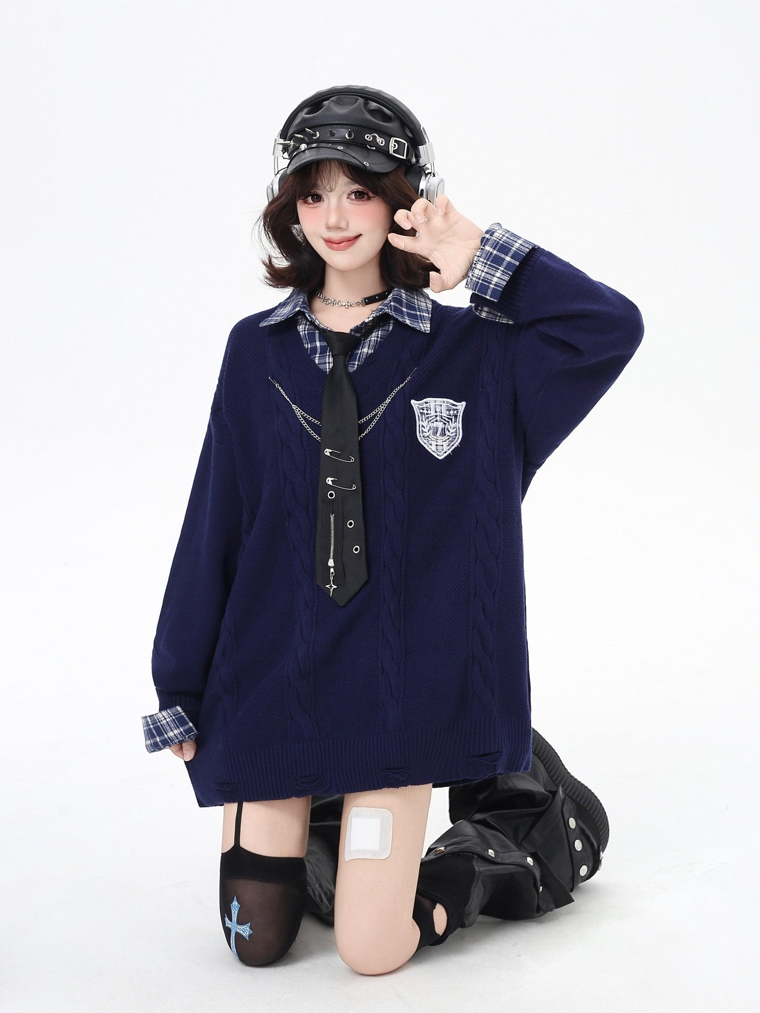 Crazy Girl American Vintage Plaid Faux Layered V-neck Cardigan Women&