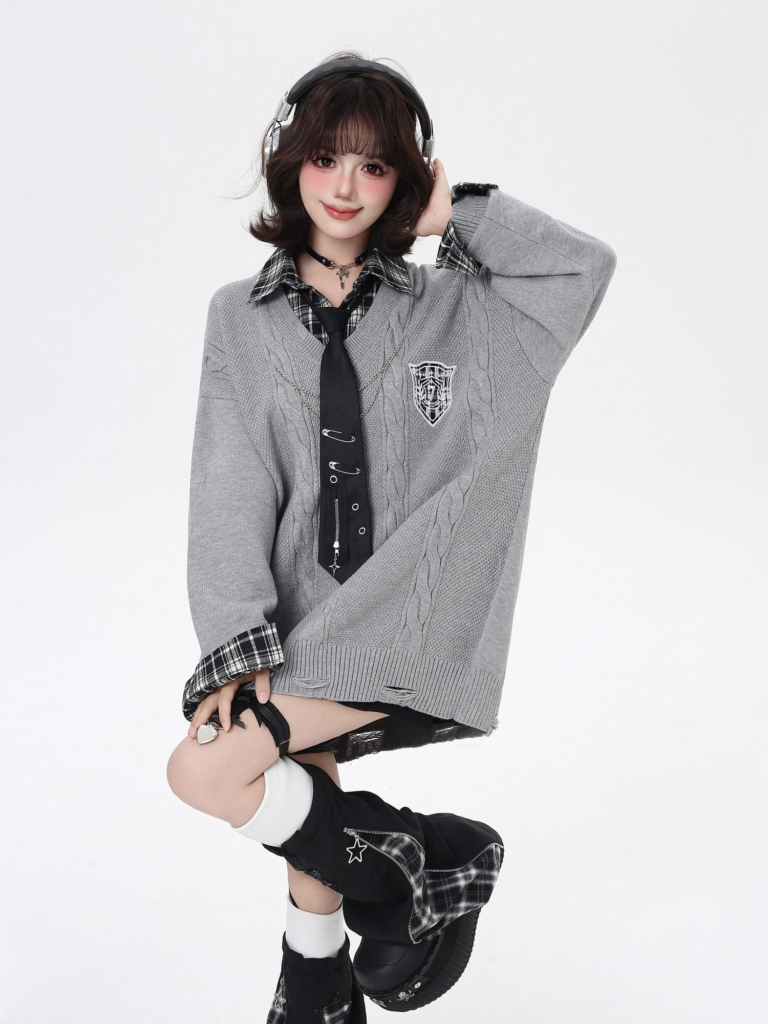 Crazy Girl American Vintage Plaid Faux Layered V-neck Cardigan Women&