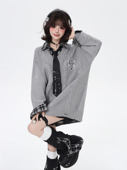 Crazy Girl American Vintage Plaid Faux Layered V-neck Cardigan Women&