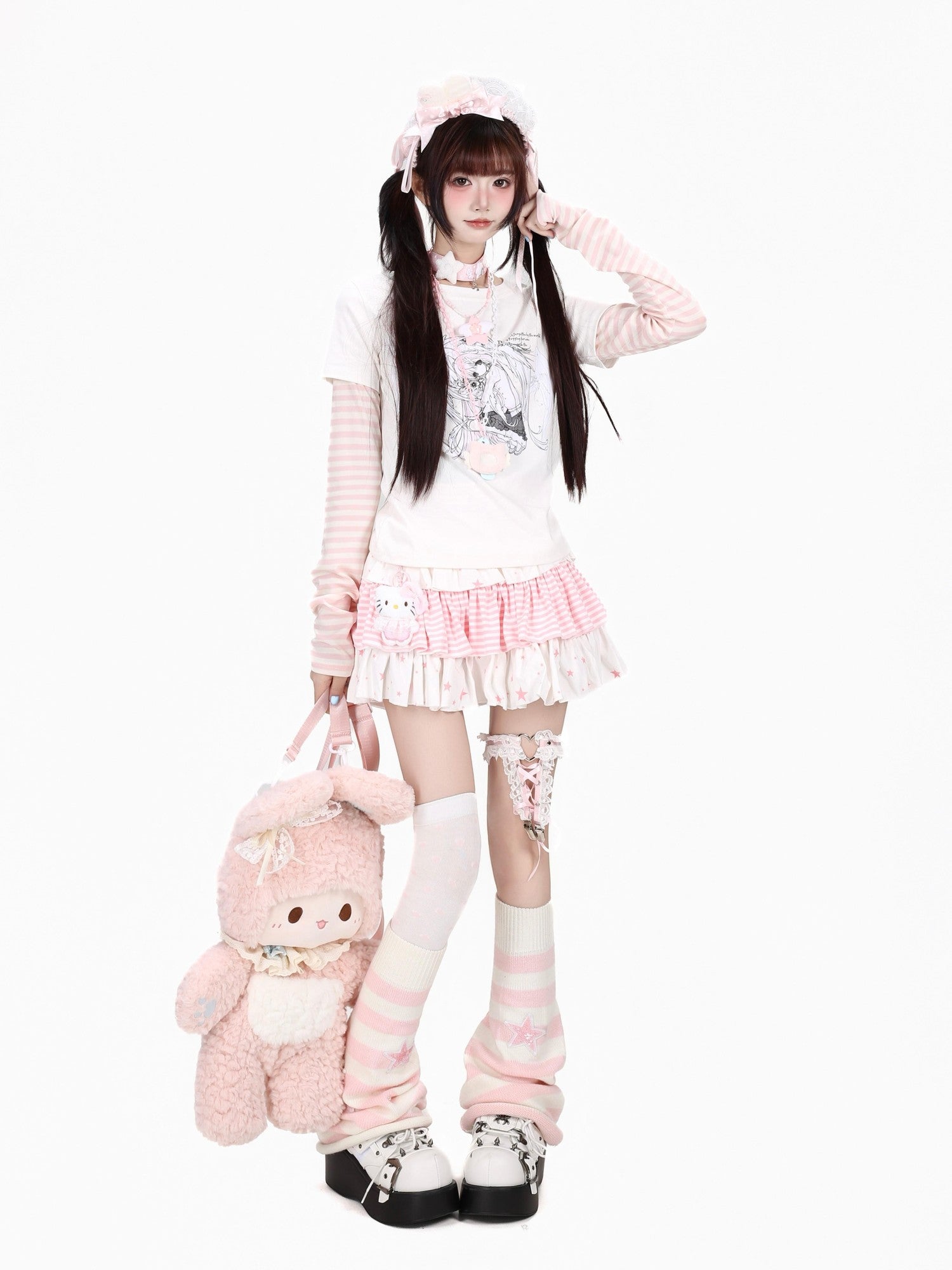Crazy Girl Angel Print Striped Spliced Faux Layer Slim Women&