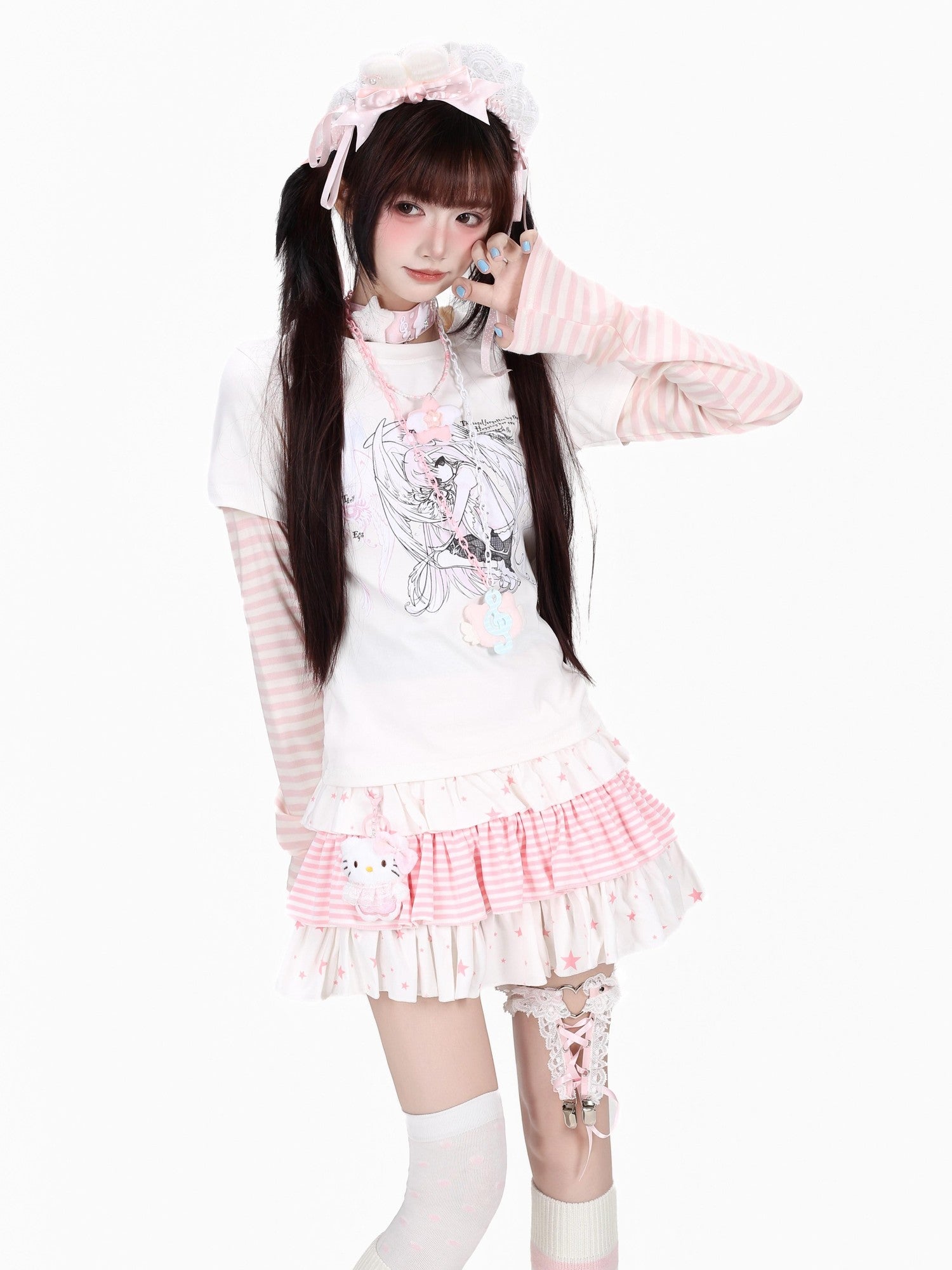 Crazy Girl Angel Print Striped Spliced Faux Layer Slim Women&