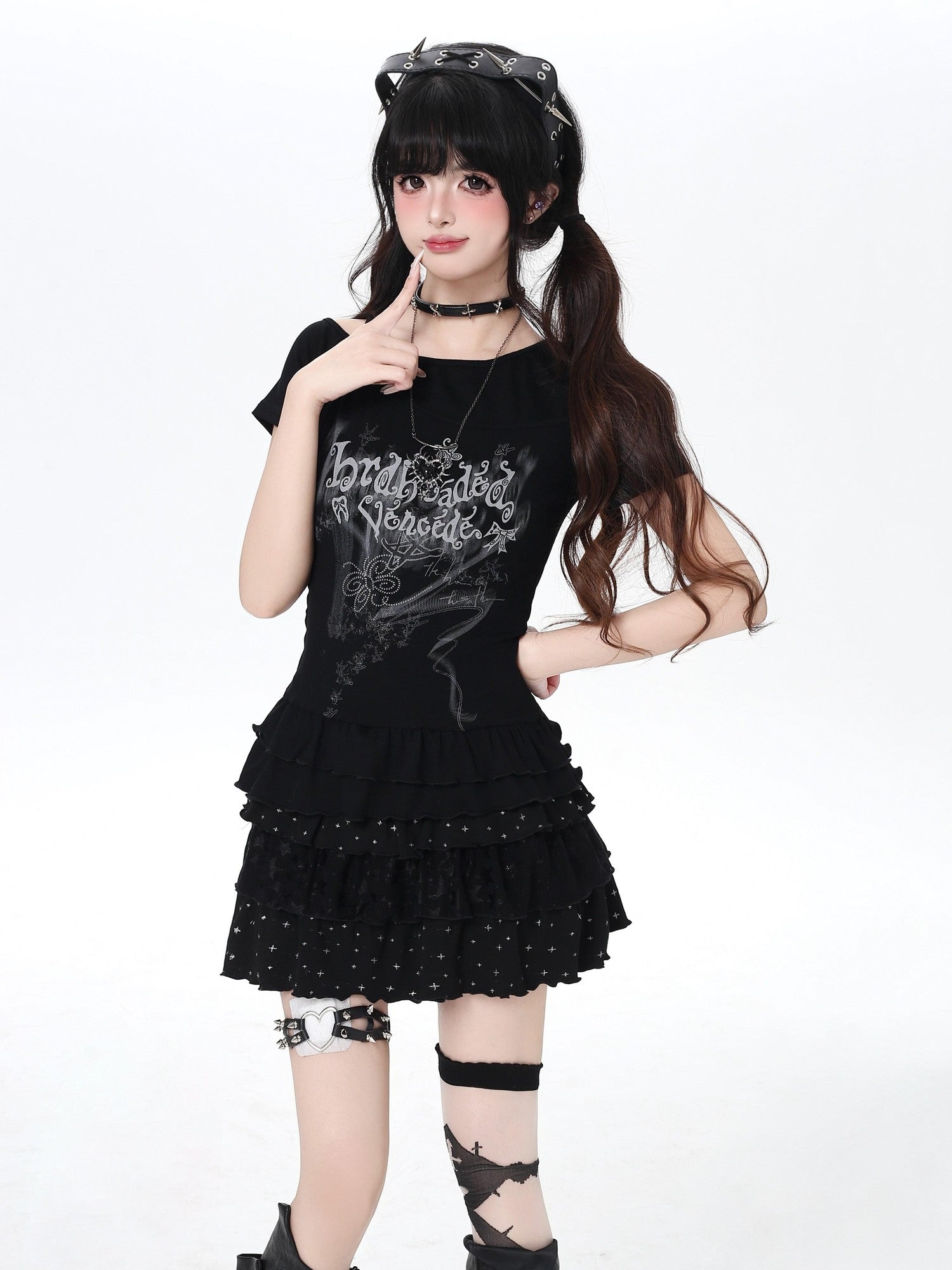 Crazy Girl Asymmetrical Off Shoulder Ruffle Letter Print Women&