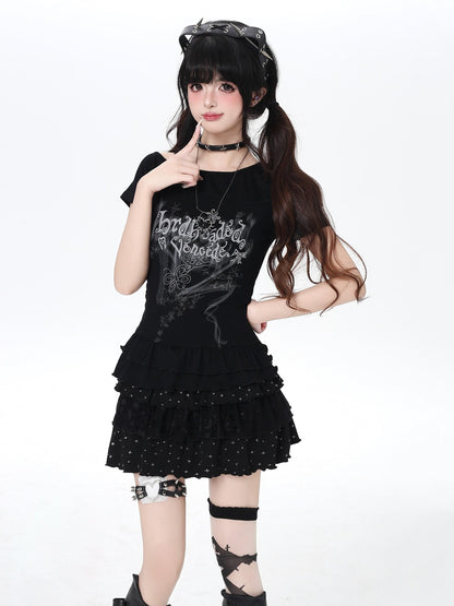 Crazy Girl Asymmetrical Off Shoulder Ruffle Letter Print Women&