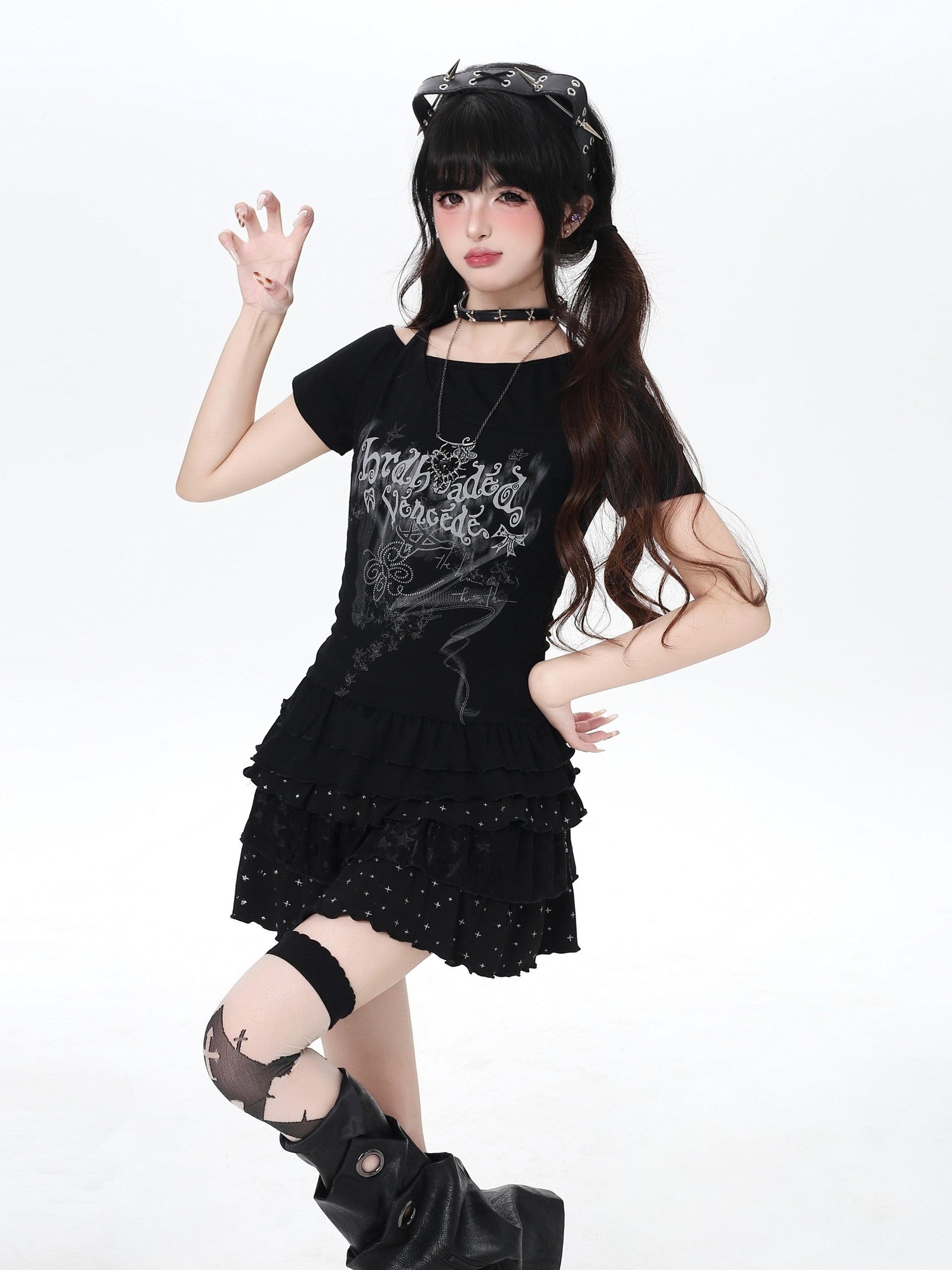 Crazy Girl Asymmetrical Off Shoulder Ruffle Letter Print Women&