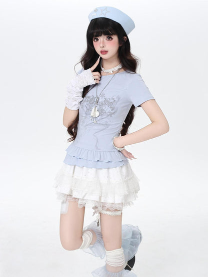 Crazy Girl Asymmetrical Off Shoulder Ruffle Letter Print Women&