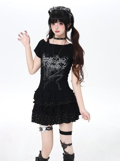 Crazy Girl Asymmetrical Off Shoulder Ruffle Letter Print Women&