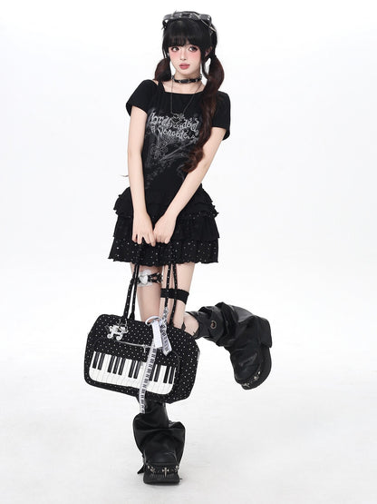 Crazy Girl Asymmetrical Off Shoulder Ruffle Letter Print Women&
