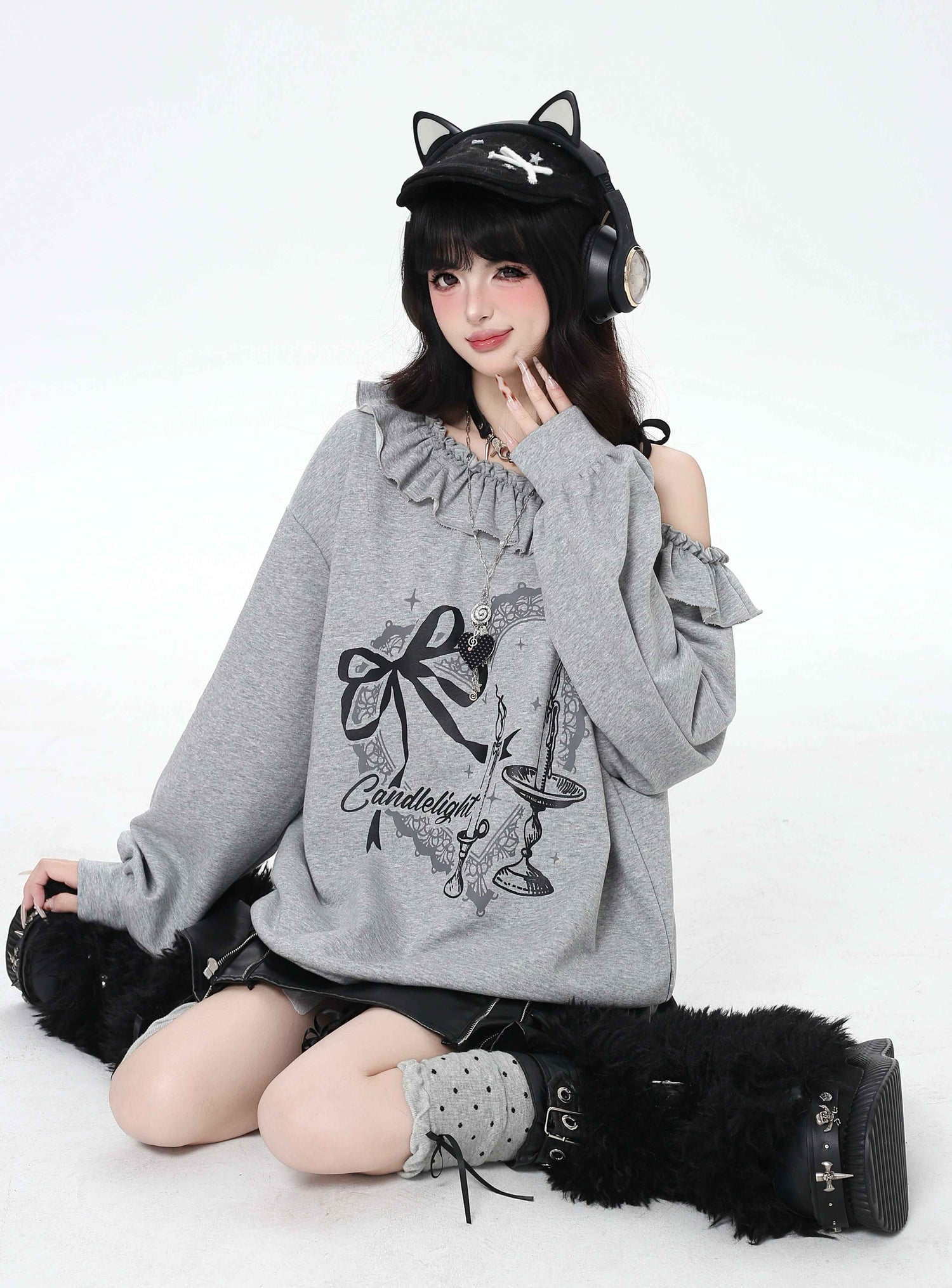 Crazy_Girl_Asymmetrical_Shoulder_Bow_Print_Lace_Up_Loose_Women&