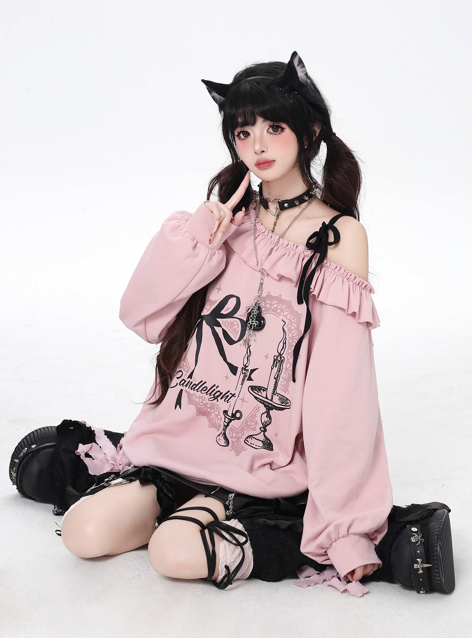 Crazy_Girl_Asymmetrical_Shoulder_Bow_Print_Lace_Up_Loose_Women&