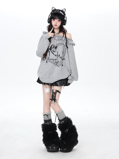 Crazy Girl Asymmetrical Shoulder Bow Print Lace Up Loose Women&