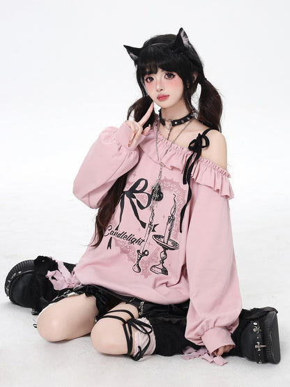 Crazy Girl Asymmetrical Shoulder Bow Print Lace Up Loose Women&