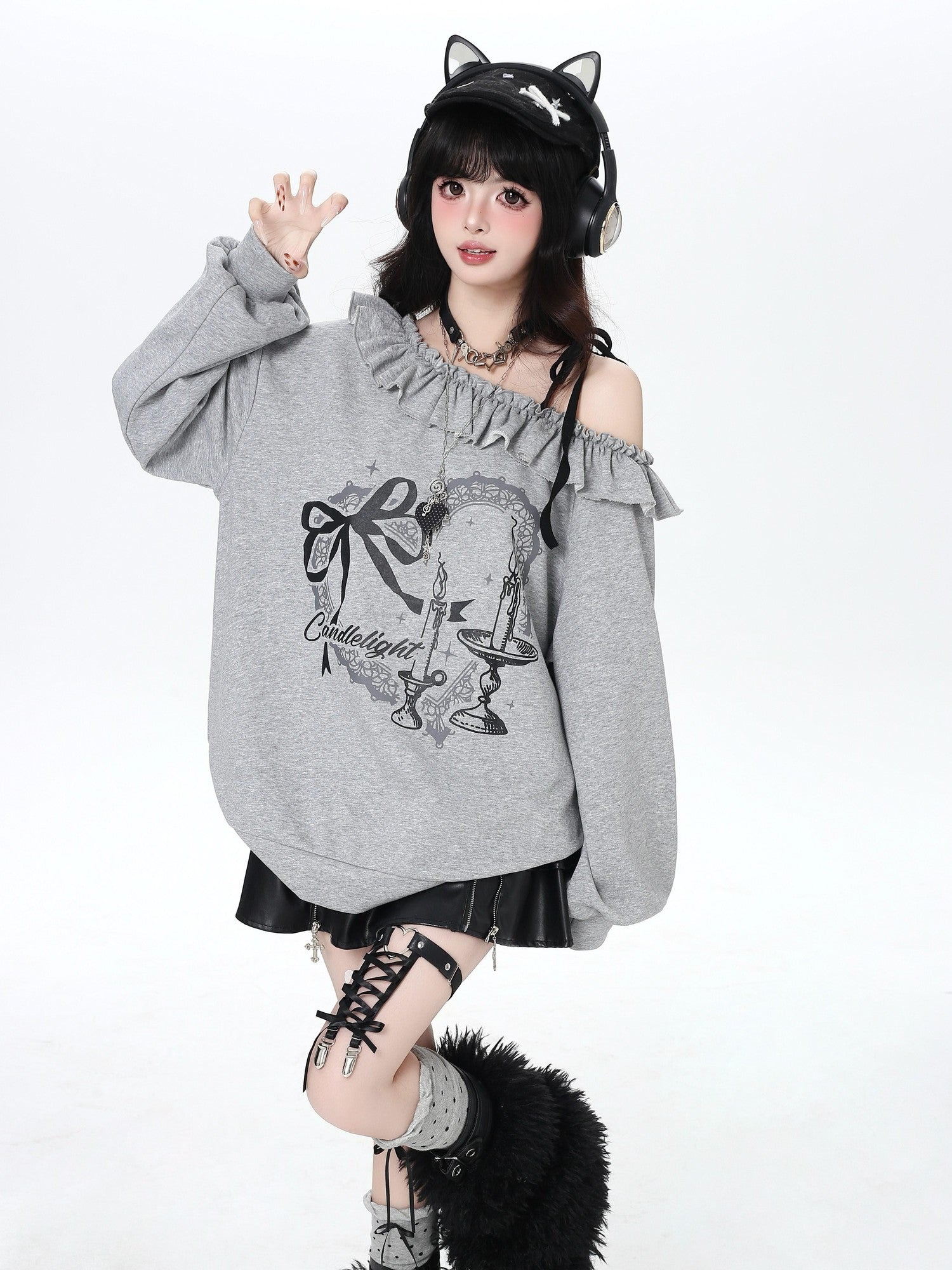 Crazy Girl Asymmetrical Shoulder Bow Print Lace Up Loose Women&
