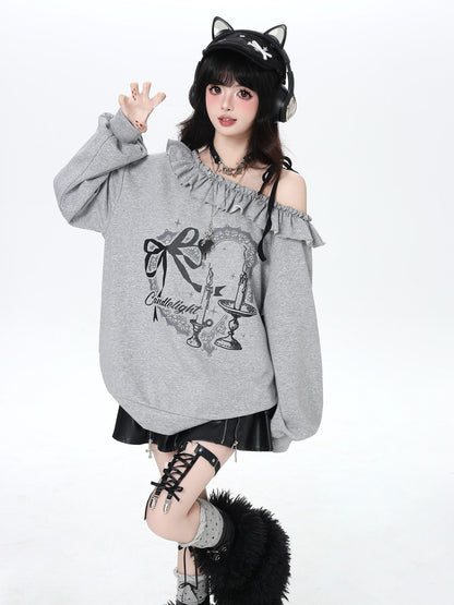 Crazy Girl Asymmetrical Shoulder Bow Print Lace Up Loose Women&