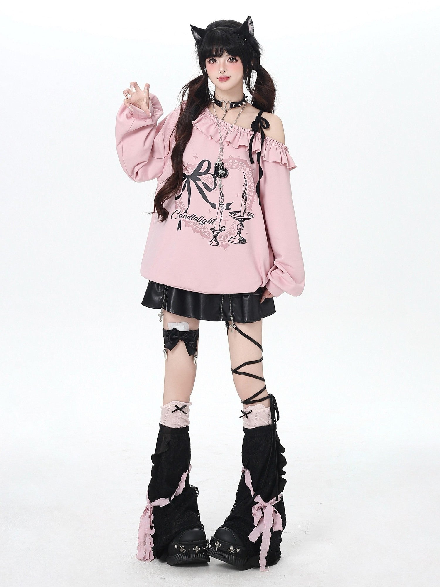 Crazy Girl Asymmetrical Shoulder Bow Print Lace Up Loose Women&