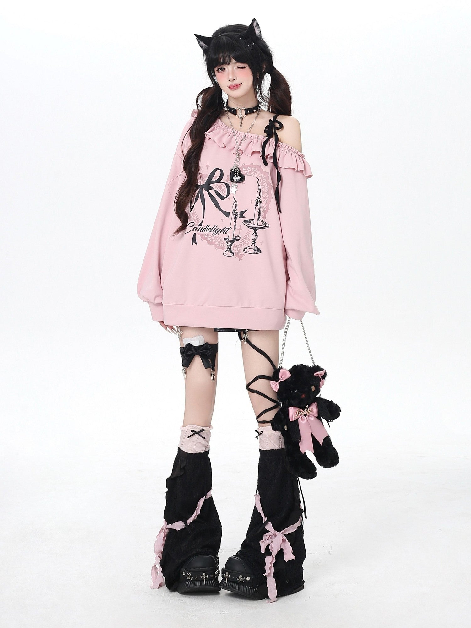 Crazy Girl Asymmetrical Shoulder Bow Print Lace Up Loose Women&