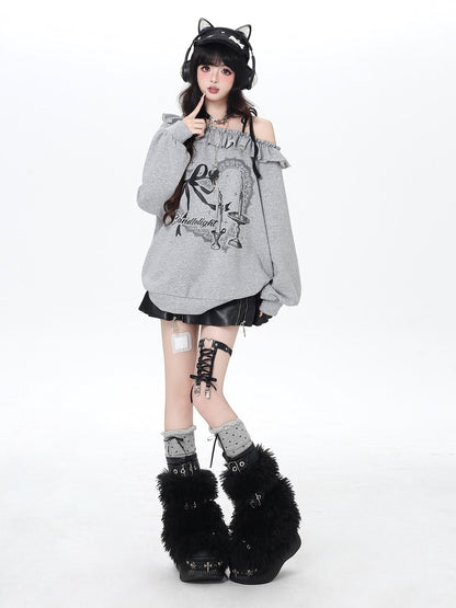 Crazy Girl Asymmetrical Shoulder Bow Print Lace Up Loose Women&