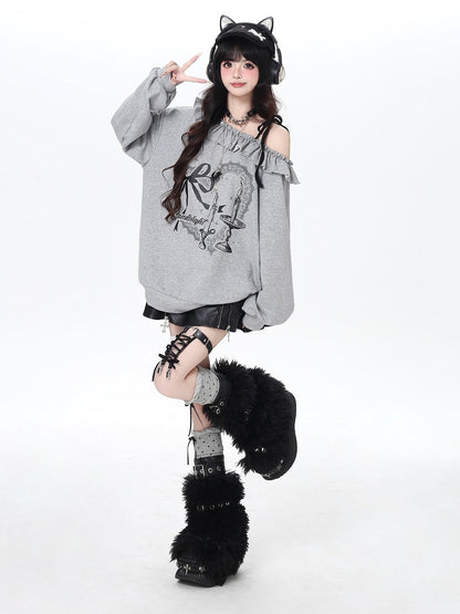 Crazy Girl Asymmetrical Shoulder Bow Print Lace Up Loose Women&