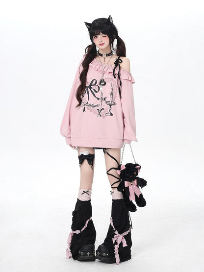 Crazy Girl Asymmetrical Shoulder Bow Print Lace Up Loose Women&