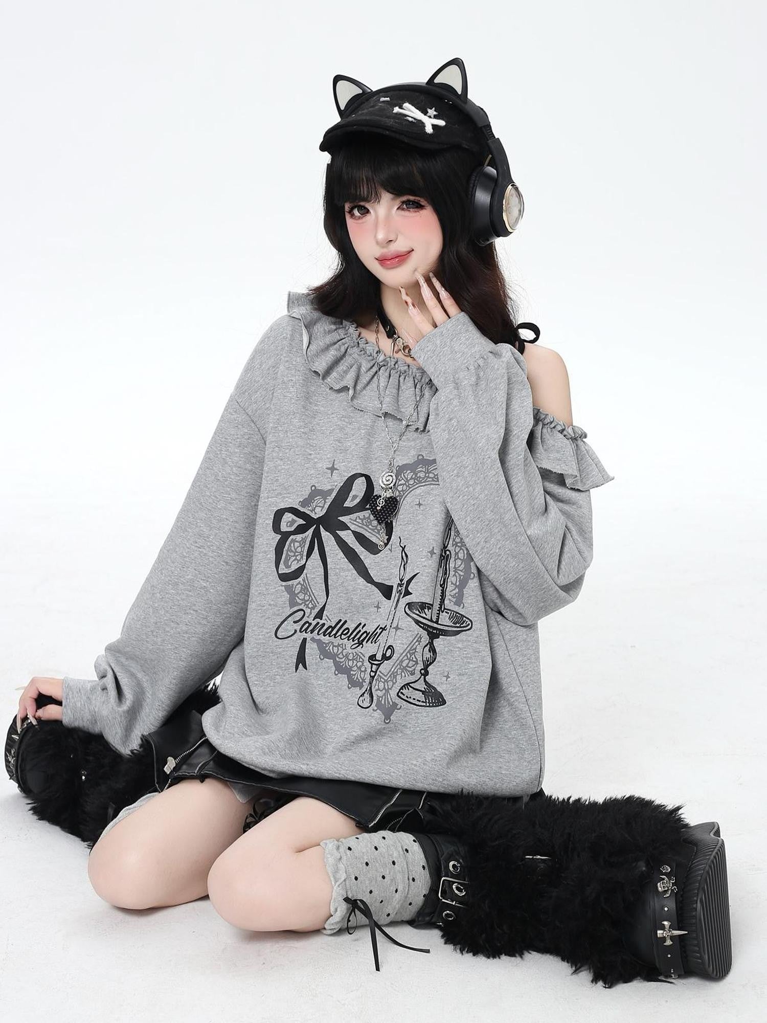 Crazy Girl Asymmetrical Shoulder Bow Print Lace Up Loose Women&