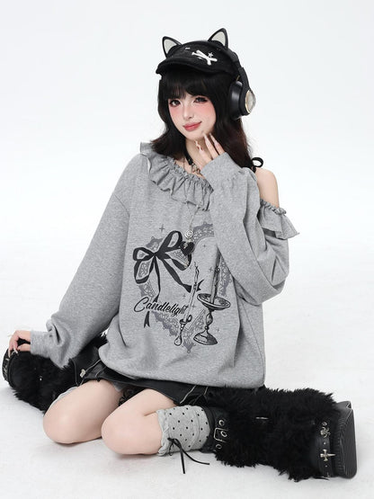 Crazy Girl Asymmetrical Shoulder Bow Print Lace Up Loose Women&