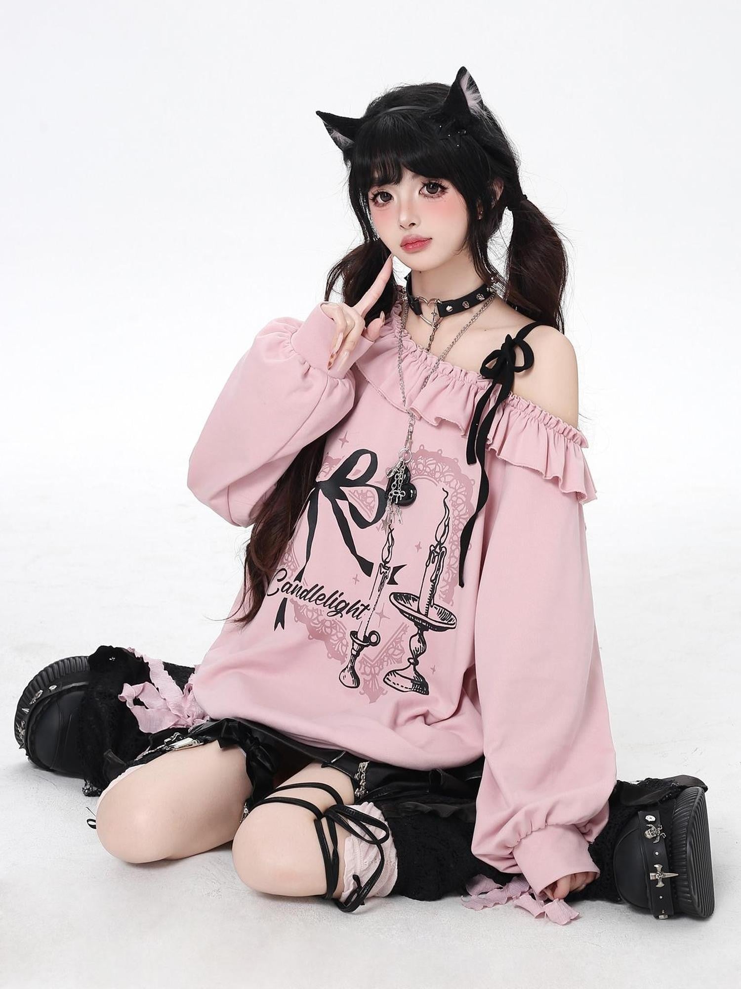 Crazy Girl Asymmetrical Shoulder Bow Print Lace Up Loose Women&