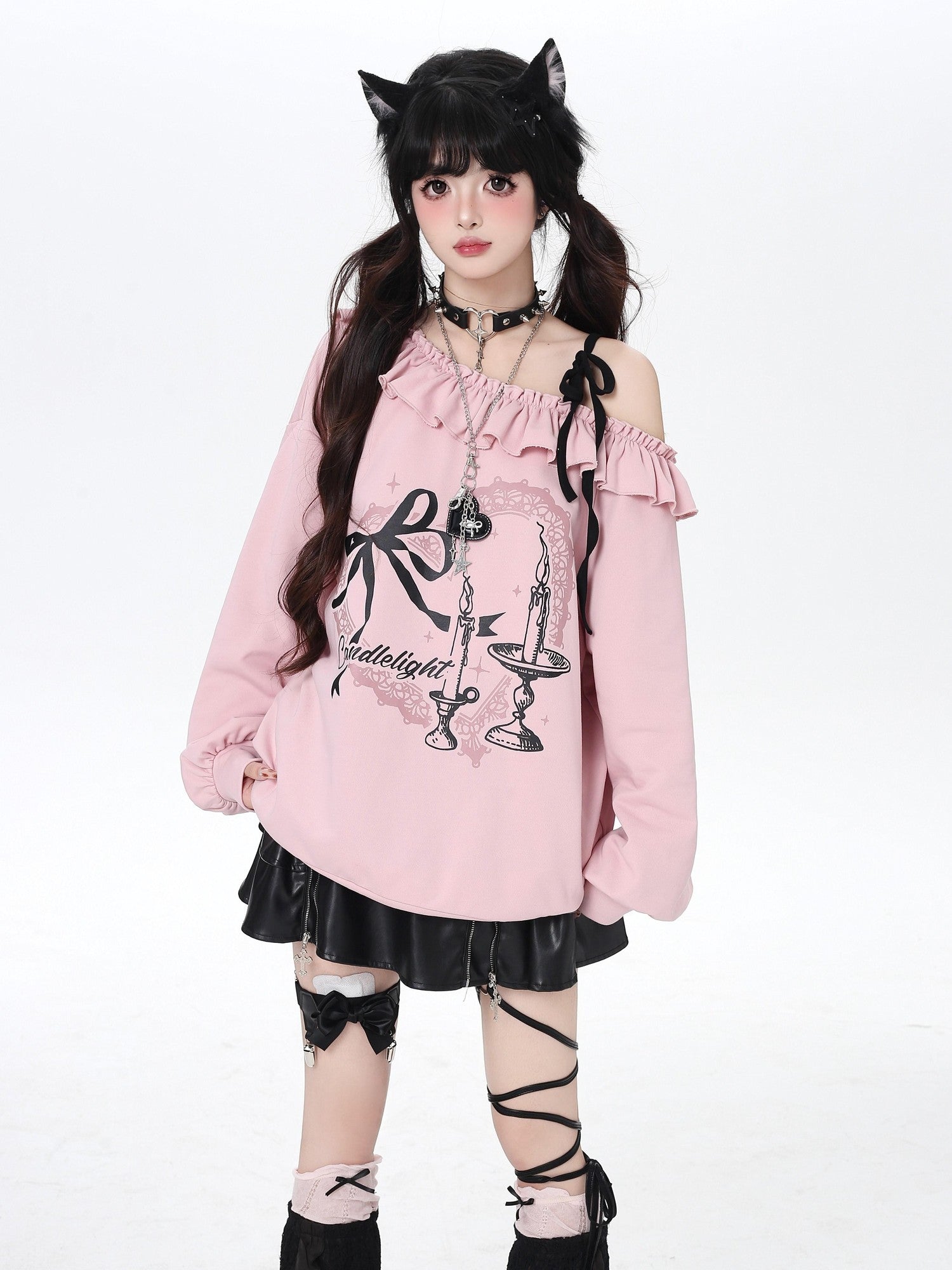 Crazy Girl Asymmetrical Shoulder Bow Print Lace Up Loose Women&