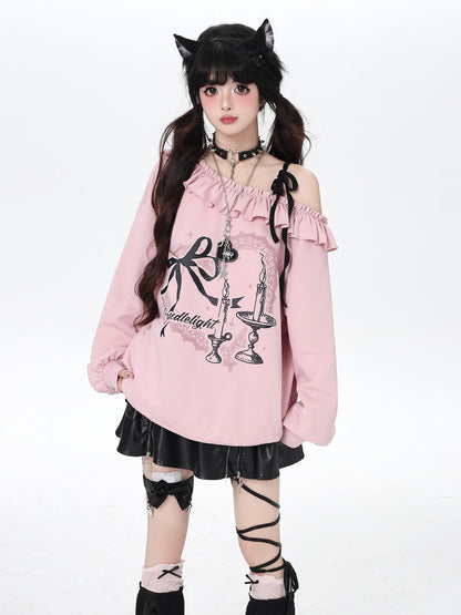 Crazy Girl Asymmetrical Shoulder Bow Print Lace Up Loose Women&
