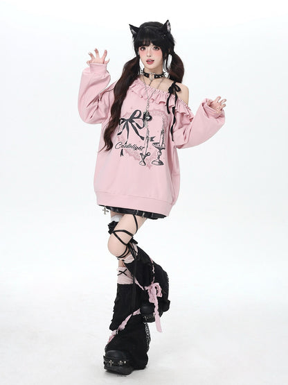 Crazy Girl Asymmetrical Shoulder Bow Print Lace Up Loose Women&