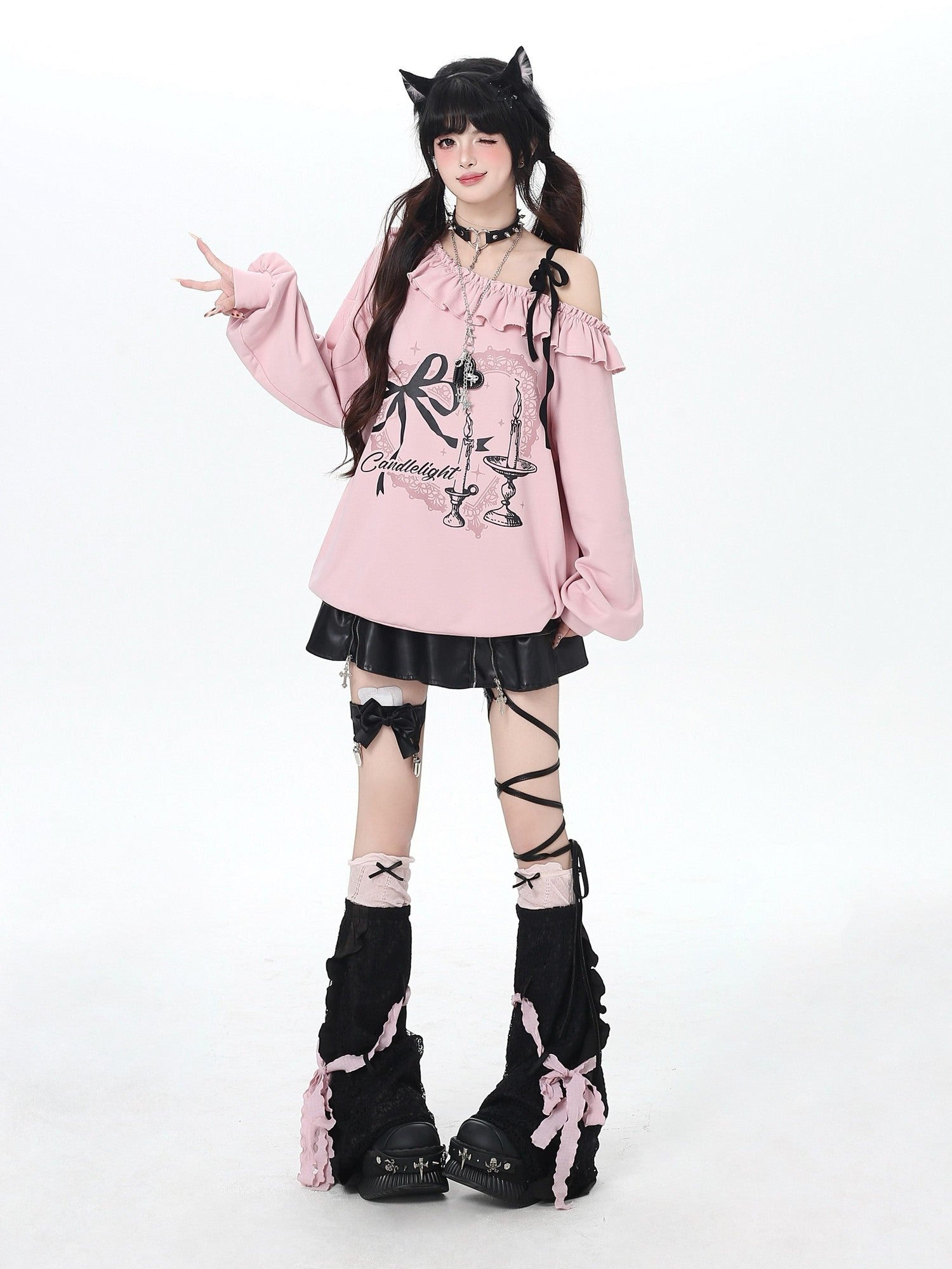 Crazy Girl Asymmetrical Shoulder Bow Print Lace Up Loose Women&