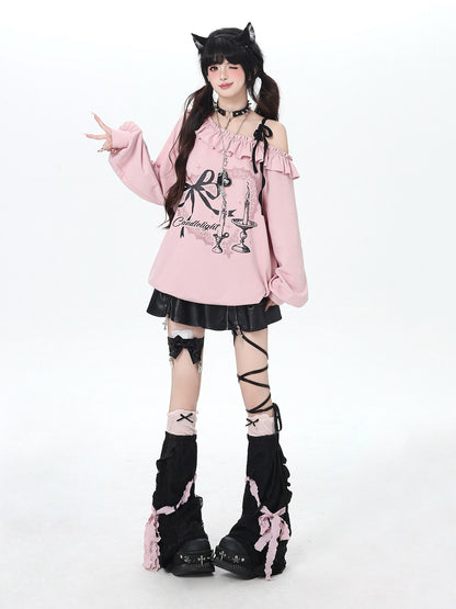 Crazy Girl Asymmetrical Shoulder Bow Print Lace Up Loose Women&