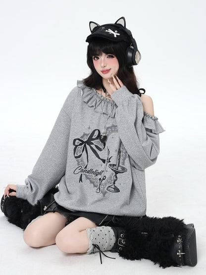 Crazy Girl Asymmetrical Shoulder Bow Print Lace Up Loose Women&