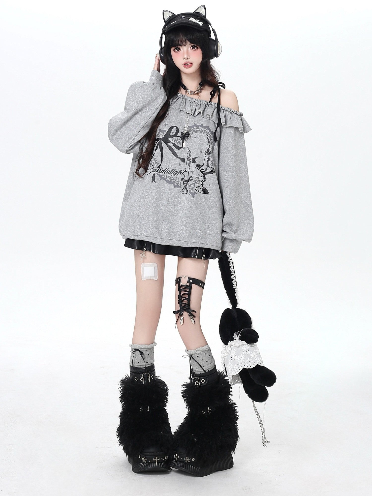 Crazy Girl Asymmetrical Shoulder Bow Print Lace Up Loose Women&
