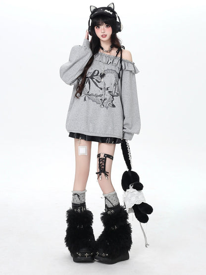 Crazy Girl Asymmetrical Shoulder Bow Print Lace Up Loose Women&
