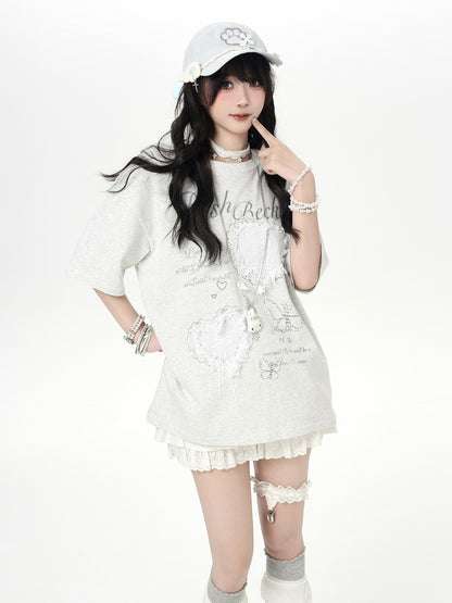 Crazy Girl Ballet Inspired 3d Bow Heart Lace Roundneck Women&