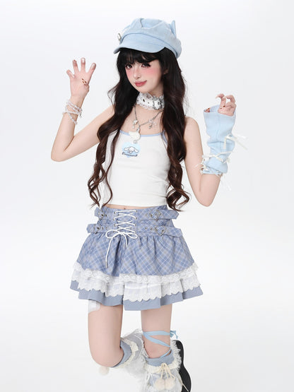 Crazy Girl Ballet Plaid Lace Trim Tie Waist A Line Women&